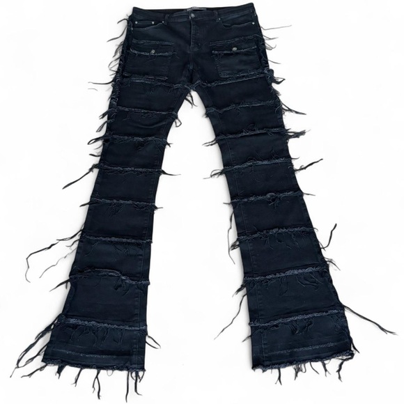 Valabasas Stacked Flared Distressed Jeans Fringed in Black - Picture 1 of 8